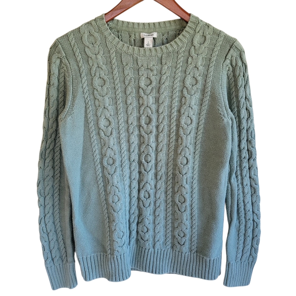 LLBean Fisherman Cable Knit Sweater Crew Neck Green Womens Small